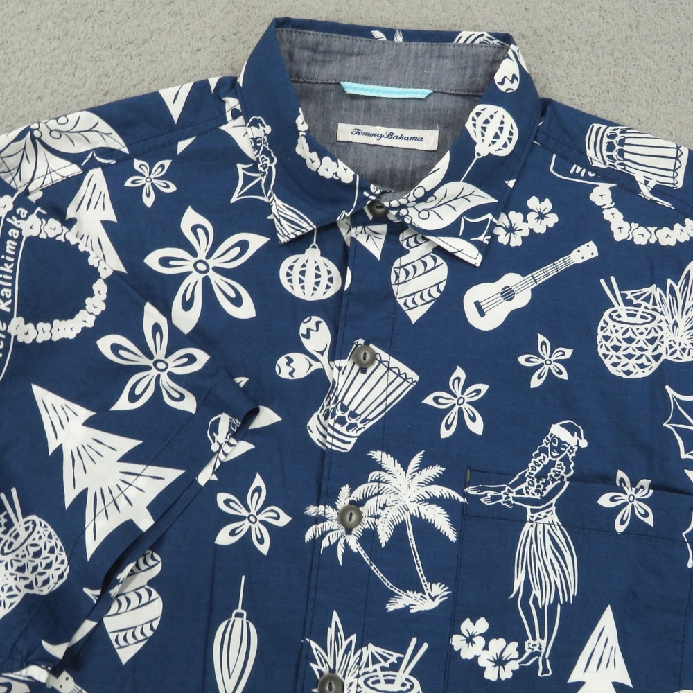 Tommy Bahama Shirt Men Medium Christmas Mele Kalikimaka Hula Print Hawaiian Blue